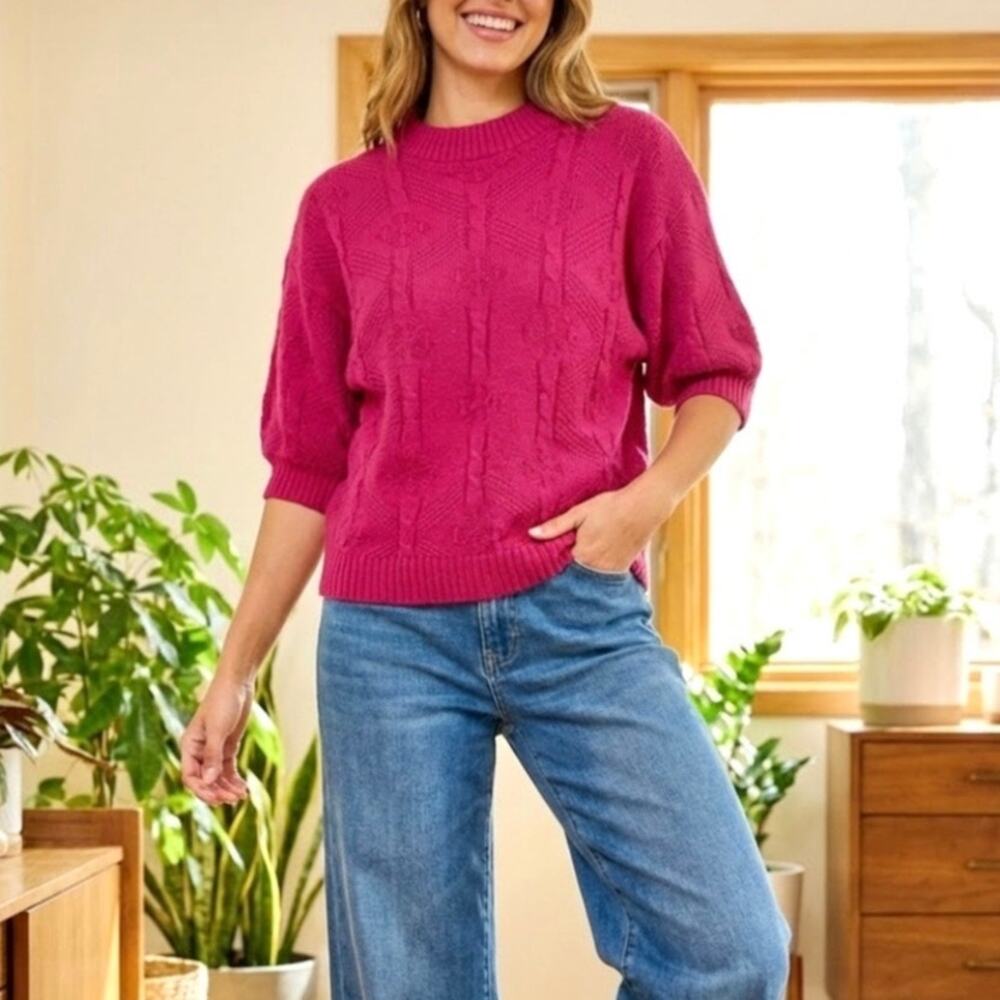 Vintage 80s Cable Knit Crop Sweater Chunky Crewneck Pullover Dolman Sleeve Pink